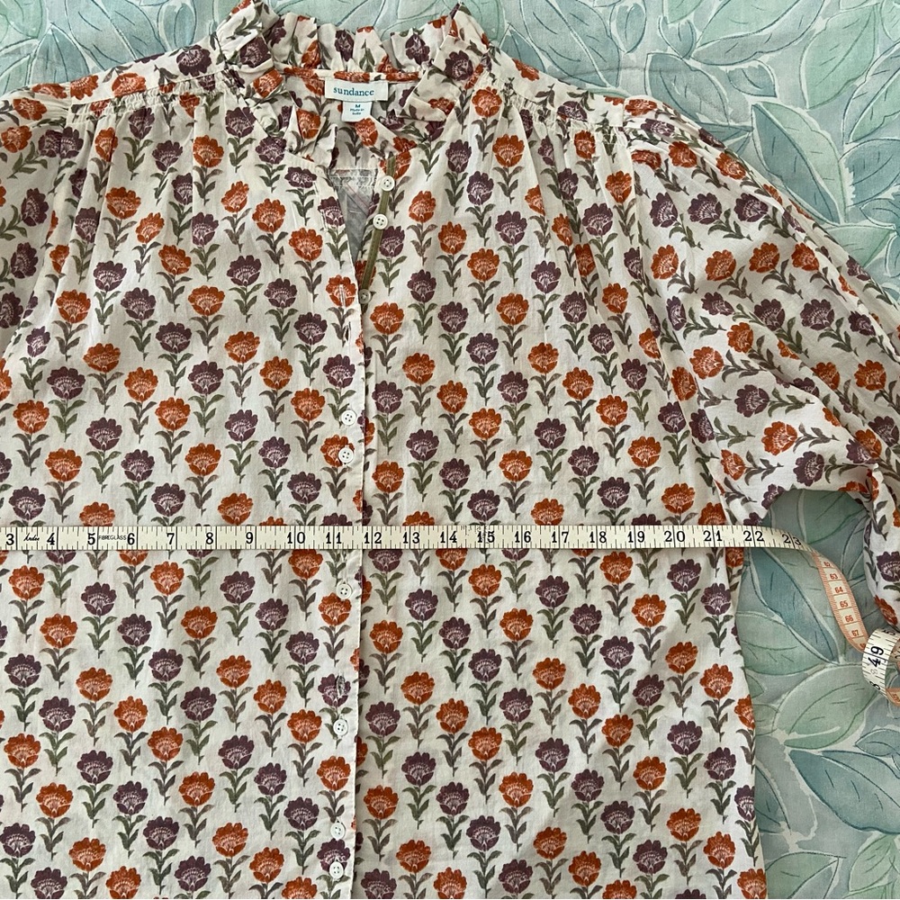 Sundance Ivory Floral Split-Neck Blouse with Orange and Purple Flowers - Picture 5 of 10